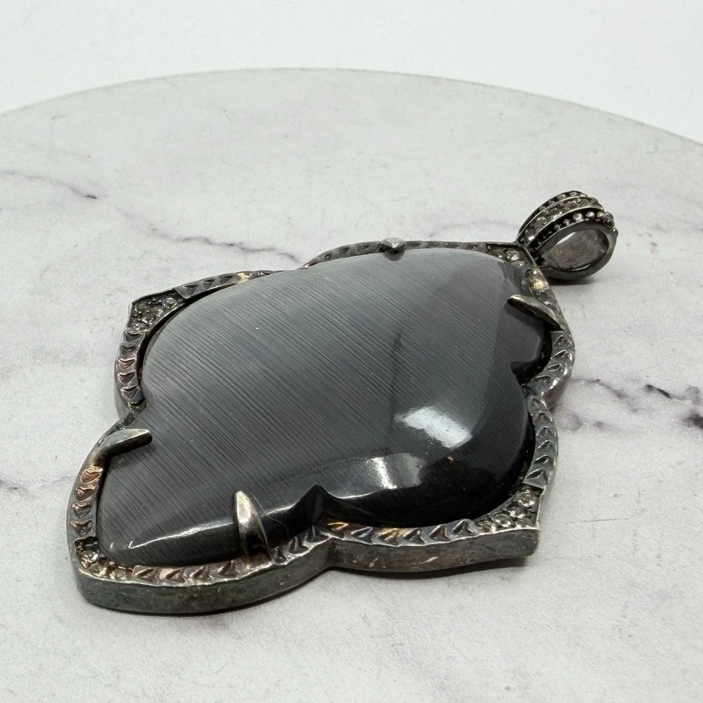 Gray Cat Eye Glass Cabochon Silver Tone Rhinestone Gothic Pendant Statement